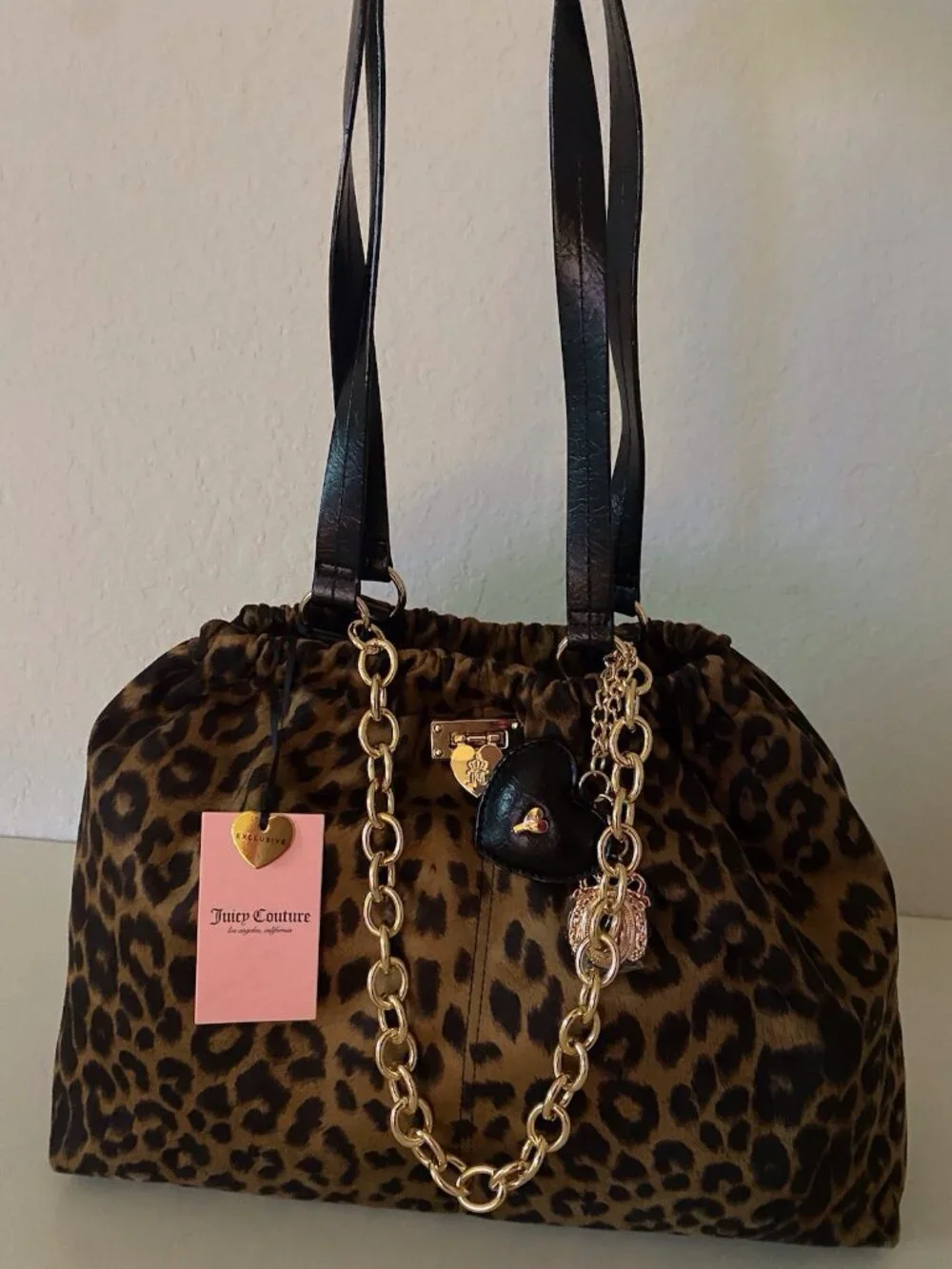 Juicy Couture Fashionable Juicy Tote Bag In Natural Leopard W/Chain Charm VIRAL